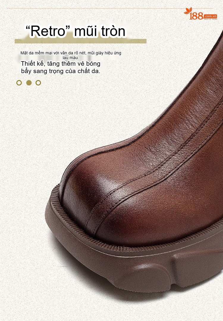 Boot Nữ Da Bò Khóa Kéo Bên Hông Phong Cách Retro Chiều Cao Đế Khoảng 6cm Màu Đen, Nâu chi tiết 4