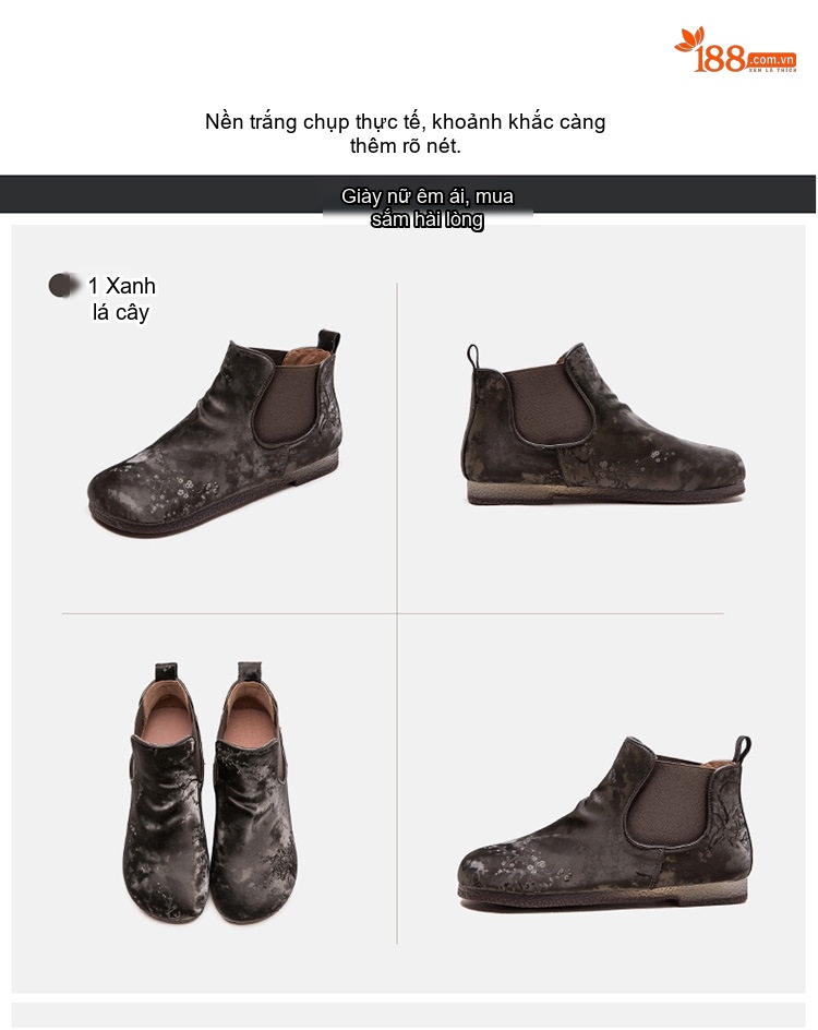 Boot Nữ Cổ Ngắn Vải Lụa Họa Tiết Vintage Chiều Cao Đế Khoảng 1cm Màu Nâu, Đen chi tiết 17