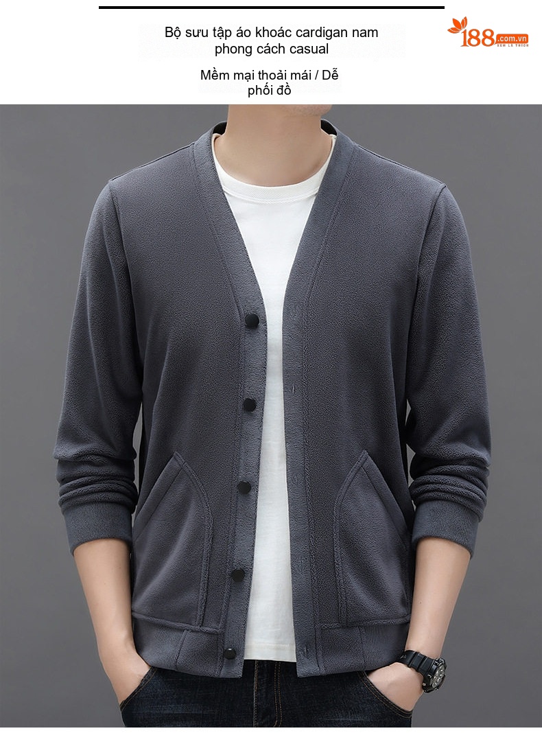 Áo Khoác Cardigan Nam Dệt Kim Lông Cừu Non Khóa Cài Túi Hộp Phong Cách Hàn Quốc Màu Xám, Nâu, Đen, Xanh... chi tiết 1