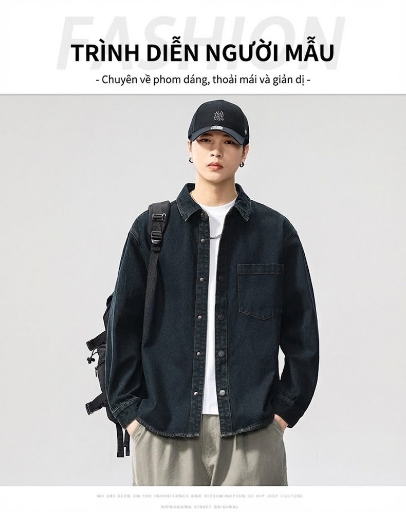 Áo Khoác Jean Nam Dáng Rộng Tay Dài Kiểu Retro Màu Xanh Đen chi tiết 6