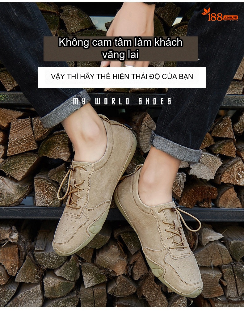 Giày Mọi Nam Da Mờ Thoáng Khí Đế Bệt Chiều Cao Đế Khoảng 2cm Màu Xám, Kem chi tiết 2