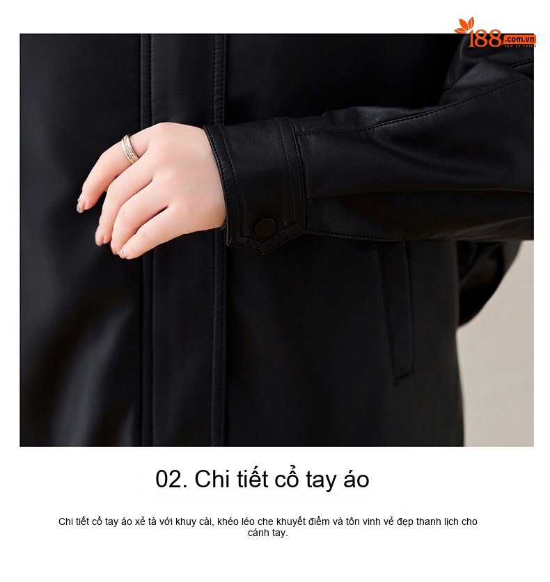Áo Khoác Da Nữ Cổ Trụ Kiểu Mỹ Retro Dáng Ngắn Rộng Màu Đen, Nâu chi tiết 14