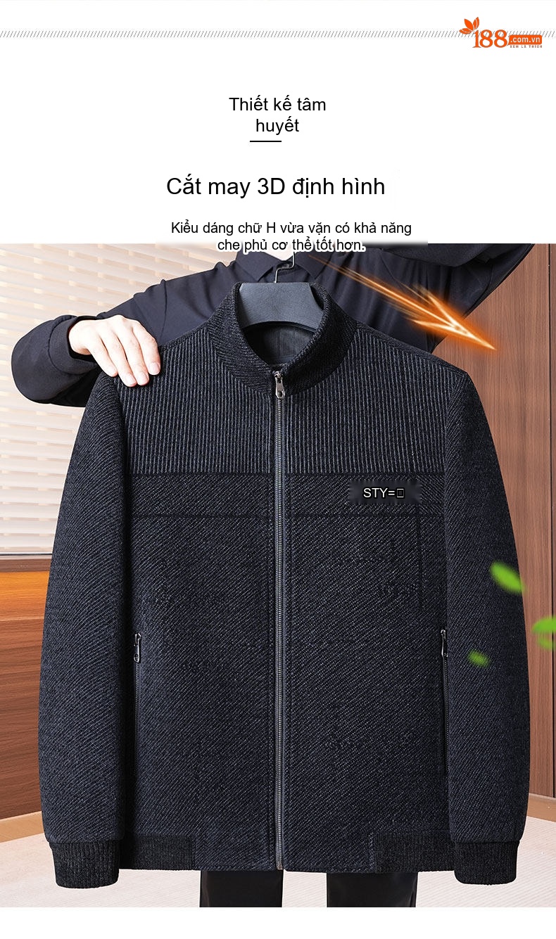 Áo Khoác Nam Trung Niên Chenille Lót Bông Dày Dặn Cổ Trụ Màu Đen, Xám chi tiết 5