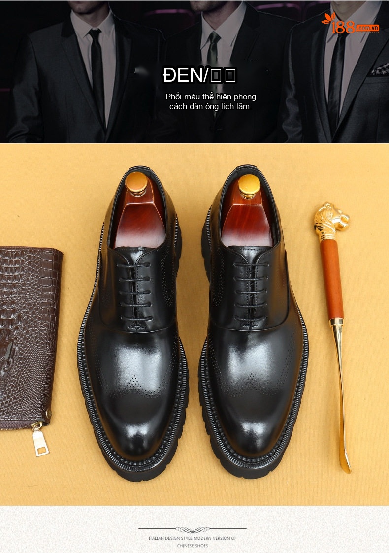 Giày Tây Buộc Dây Nam Da Thật Brogue Chiều Cao Đế Khoảng 4cm Màu Đen, Nâu chi tiết 3