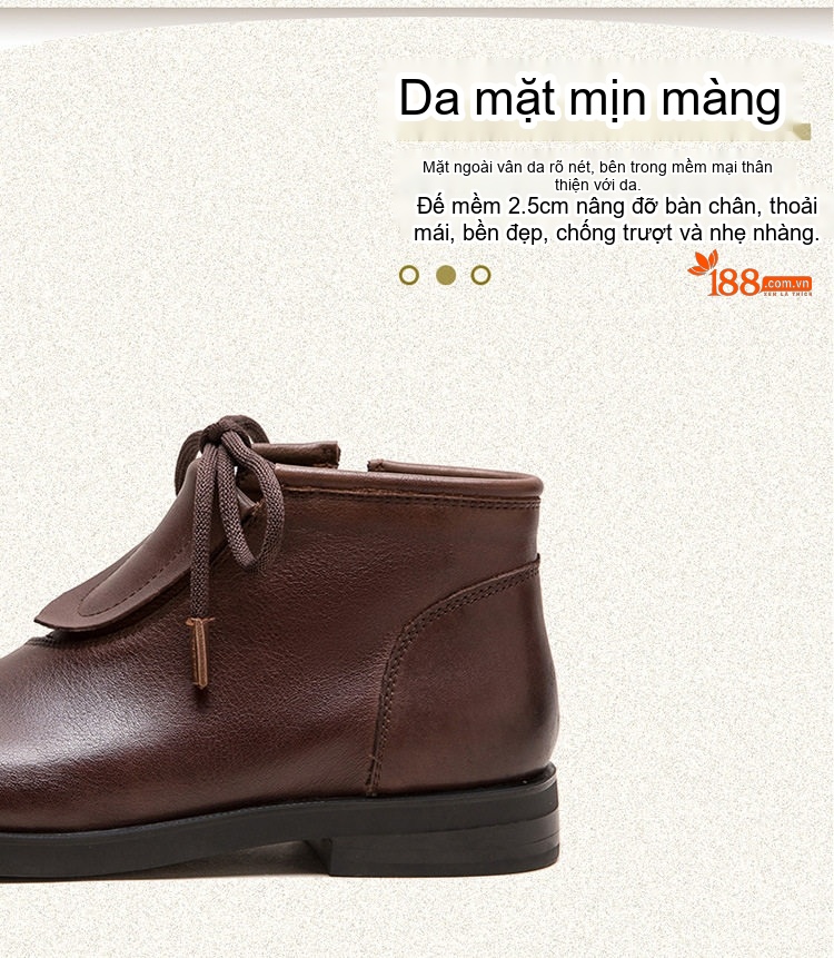 Boot Nữ Cổ Ngắn Da Thật Thắt Dây Chiều Cao Đế Khoảng 2cm Màu Đen, Nâu, Xám chi tiết 4