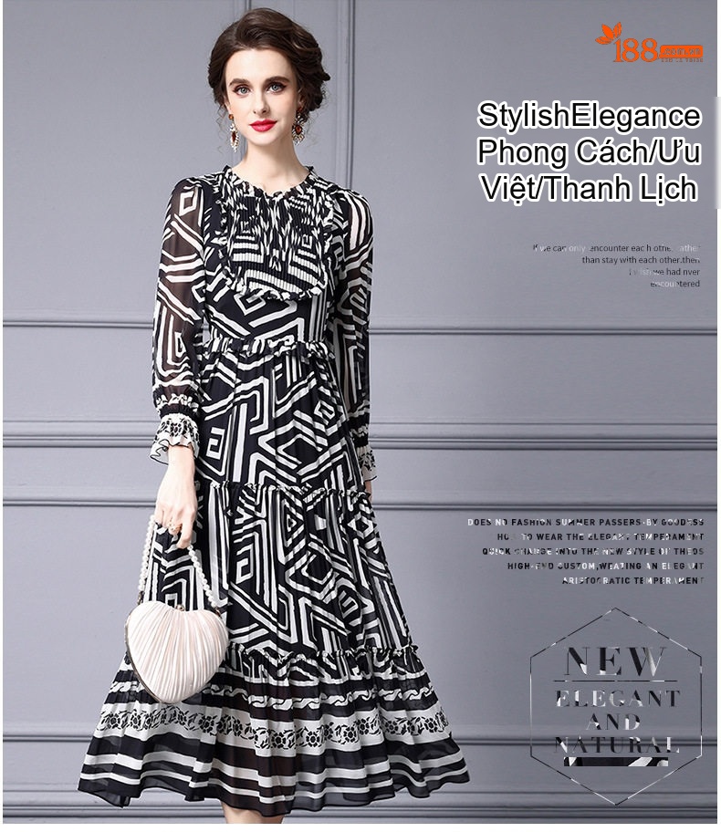 Váy Maxi Nữ Dáng Dài Họa Tiết Retro Thu Đông, Váy Đi Biển Phong Cách Vintage Màu Đen, Trắng chi tiết 17