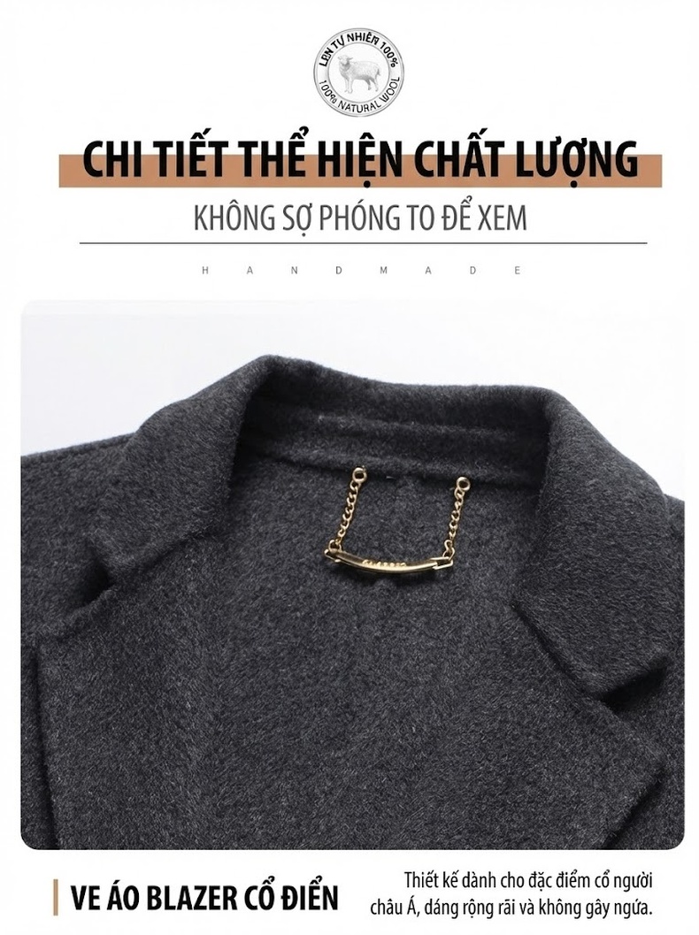 Áo Vest Nam Hai Lớp Lông Cừu Thủ Công Màu Xám, Đen chi tiết 9