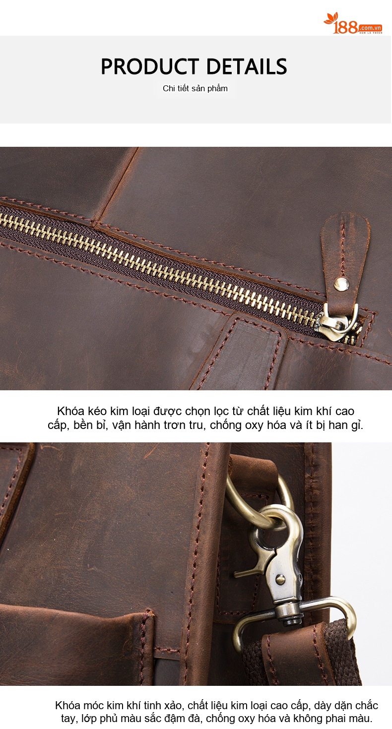 Cặp Công Sở Nam Da Bò Sáp Thủ Công Vintage Đựng Laptop Có Dây Đeo Màu Nâu chi tiết 20