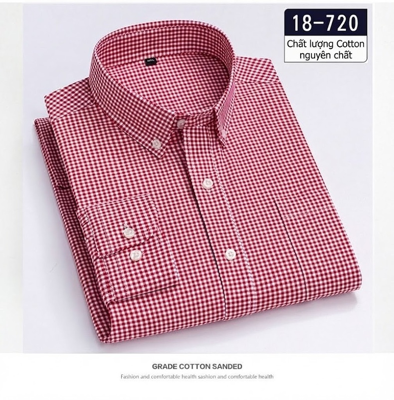 Áo Sơ Mi Nam Cotton Dài Tay Kẻ Caro Thời Trang Công Sở Thoải Mái Màu Đỏ, Xanh, Xám, Be... chi tiết 12