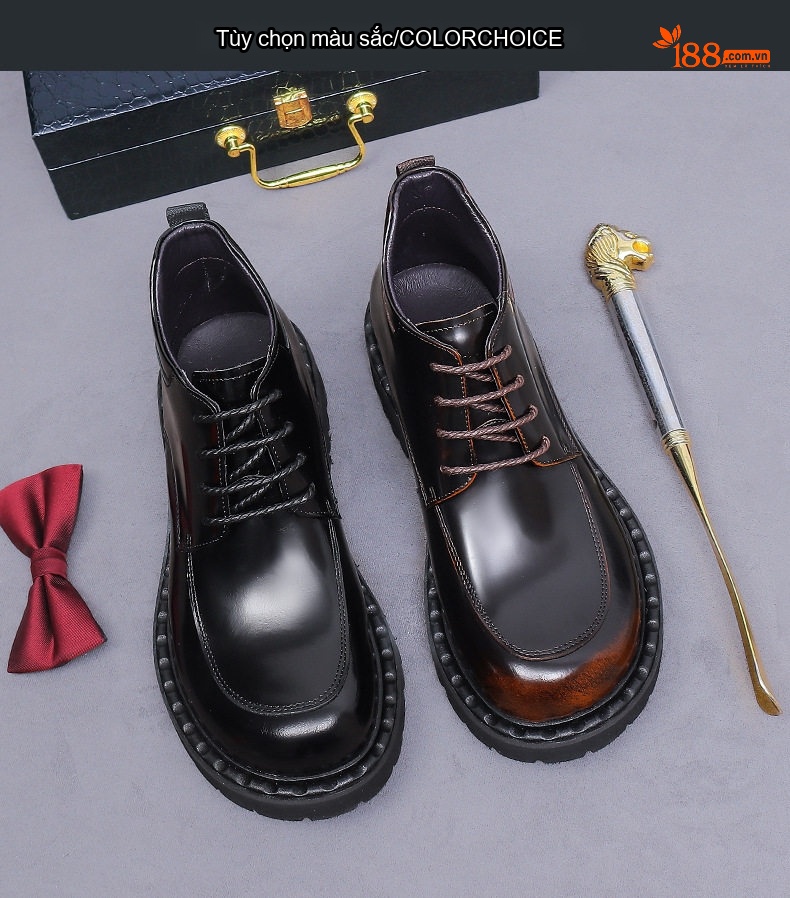 Giày Martin Nam Da Bò Đầu Tròn Lớn Da Bóng Buộc Dây Chiều Cao Đế Khoảng 3cm Màu Đen chi tiết 2
