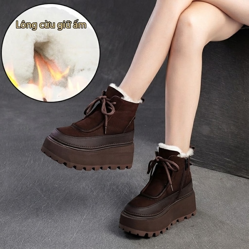 Boot Nữ Da Mờ Lông Cừu Non Mùa Đông Ấm Áp Chiều Cao Đế Khoảng 6cm Màu Nâu