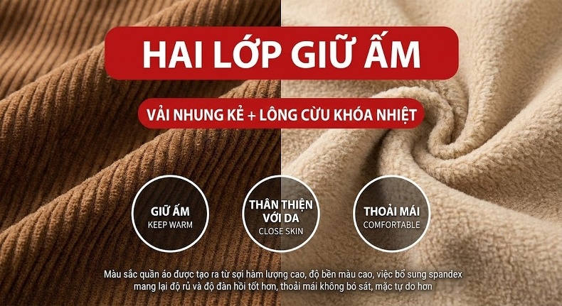 Quần Dài Nam Ống Rộng Lót Lông Cừu Giữ Ấm Chất Âu Cotton Co Giãn Màu Đen, Nâu, Be chi tiết 9