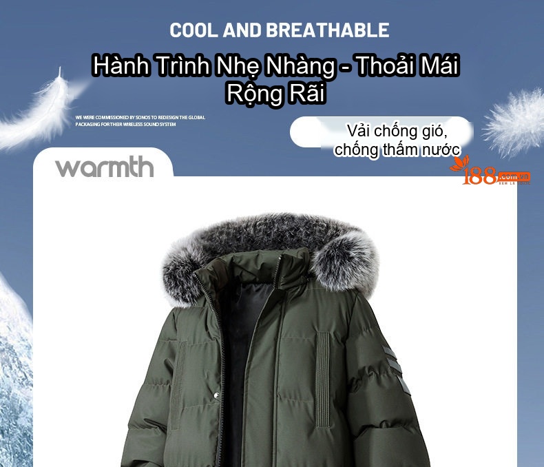 Áo Khoác Cotton Nam Dáng Dài Cỡ Lớn Mũ Trùm Đầu Có Thể Tháo Rời Lót Dày Màu Đen, Xanh Navy, Xanh Rêu chi tiết 1