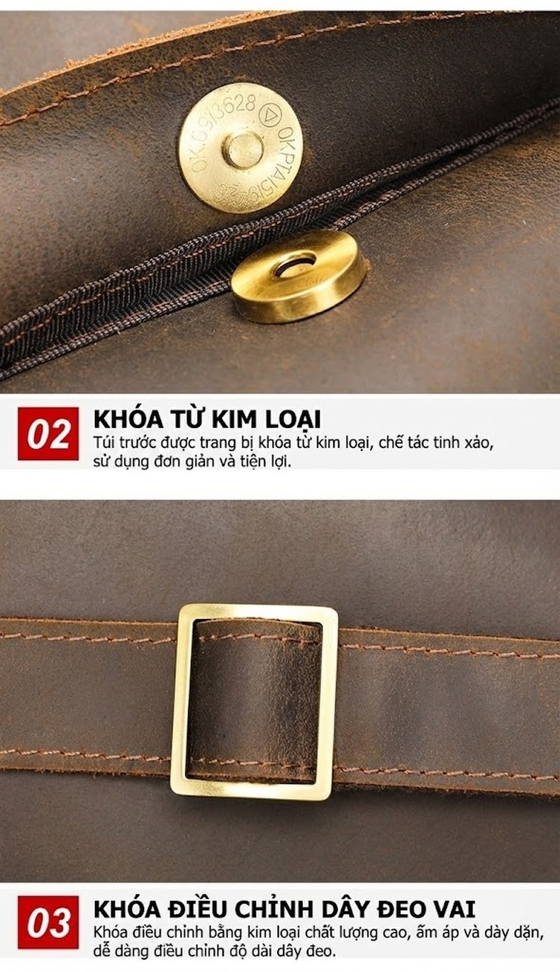 Túi Đeo Vai/Đeo Chéo Nam Da Ngựa Điên Cao Cấp Phong Cách Retro Màu Nâu chi tiết 14