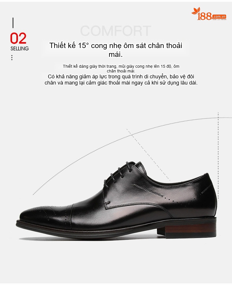 Giày Tây Buộc Dây Nam Da Bóng Đế Phát Sáng Nhẹ Chiều Cao Đế Khoảng 3cm Màu Nâu, Đen chi tiết 4