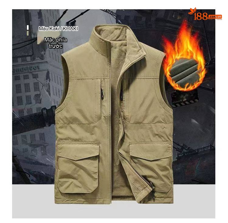 Áo Gile Nam Hai Mặt Lót Lông Dày Dặn Nhiều Túi Phong Cách Công Sở Màu Be, Xanh Rêu, Xám, Xanh Navy chi tiết 11