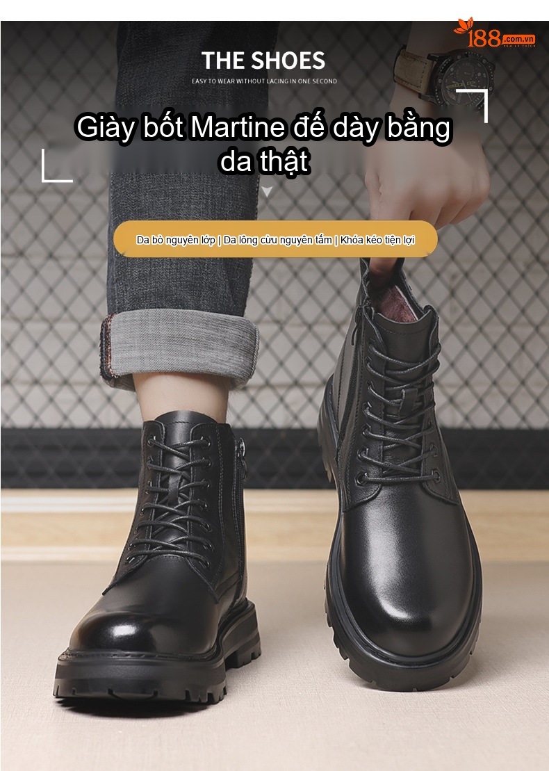 Giày Boot Martin Nam Da Thật Lót Lông Cừu Dày Dặn Chiều Cao Đế Khoảng 4cm Màu Đen chi tiết 1