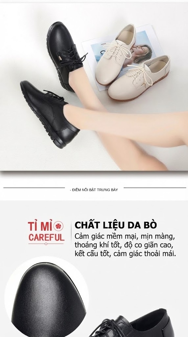 Giày Da Nữ Buộc Dây Da Mềm Đế Mềm Chiều Cao Đế Khoảng 2cm Màu Đen, Trắng chi tiết 7