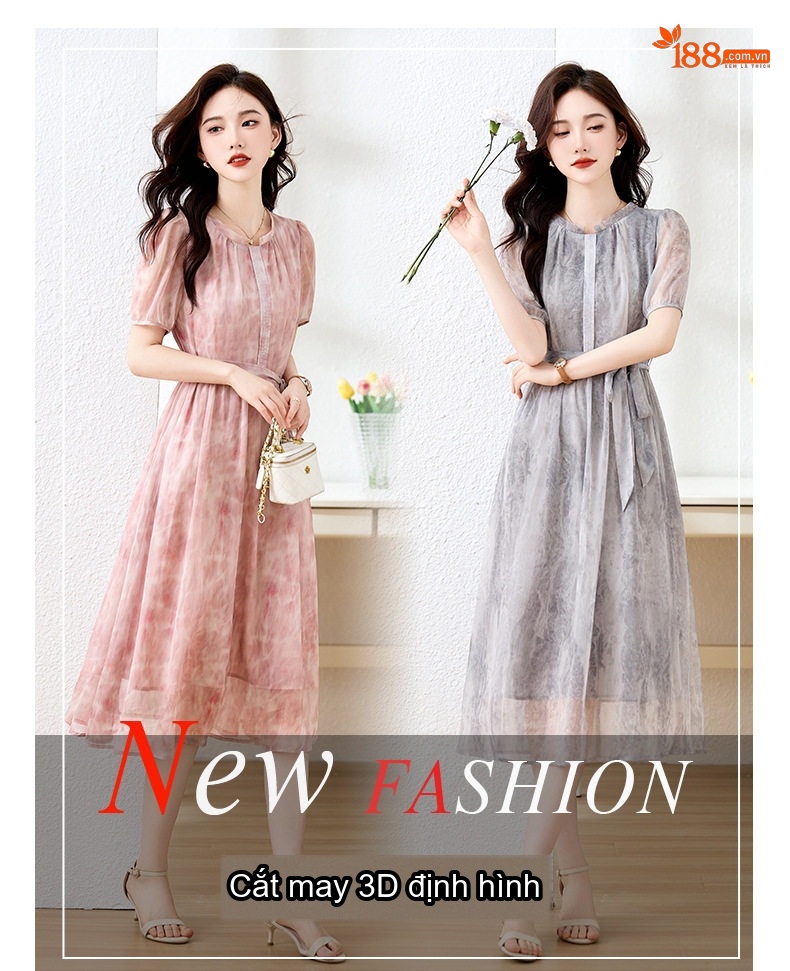 Đầm Xòe Nữ Tay Ngắn Thiết Kế Thanh Lịch Thoáng Mát Chất Liệu Voan Màu Hồng, Xám chi tiết 6