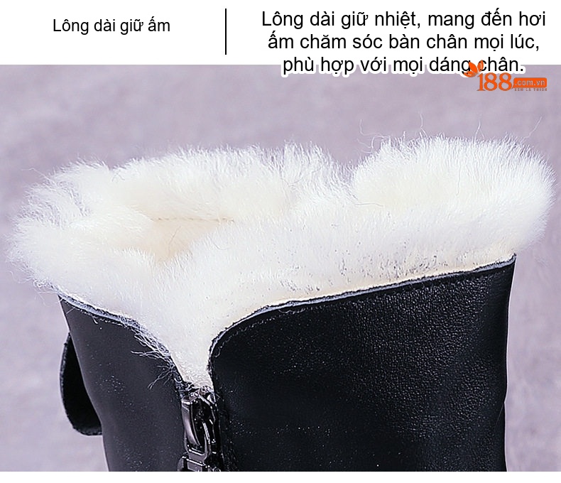 Boot Nữ Da Bóng Lót Lông Cừu Giữ Ấm Mùa Đông Chiều Cao Đế Khoảng 4cm Màu Đen chi tiết 7