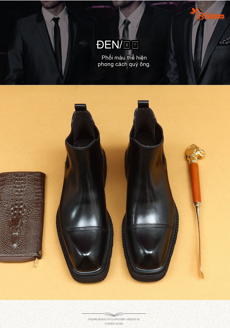 Giày Chelsea Boot Nam Da Bò Cổ Lửng Chiều Cao Đế Khoảng 4cm Màu Đen, Nâu chi tiết 3