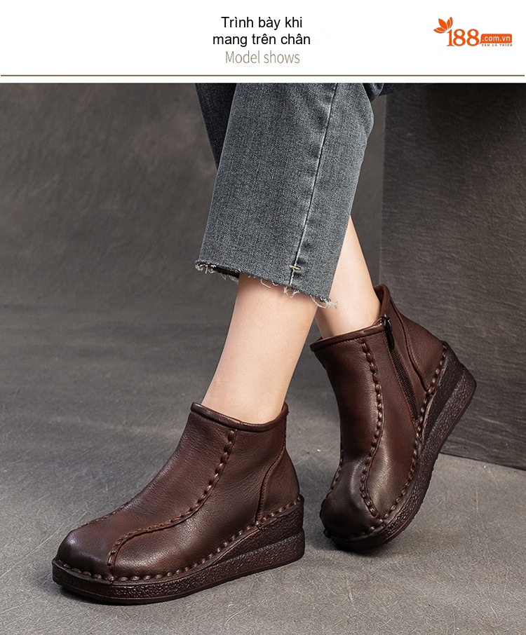 Boot Nữ Da Bò Đế Xuồng Retro Chiều Cao Đế Khoảng 4cm Màu Nâu, Đen chi tiết 8