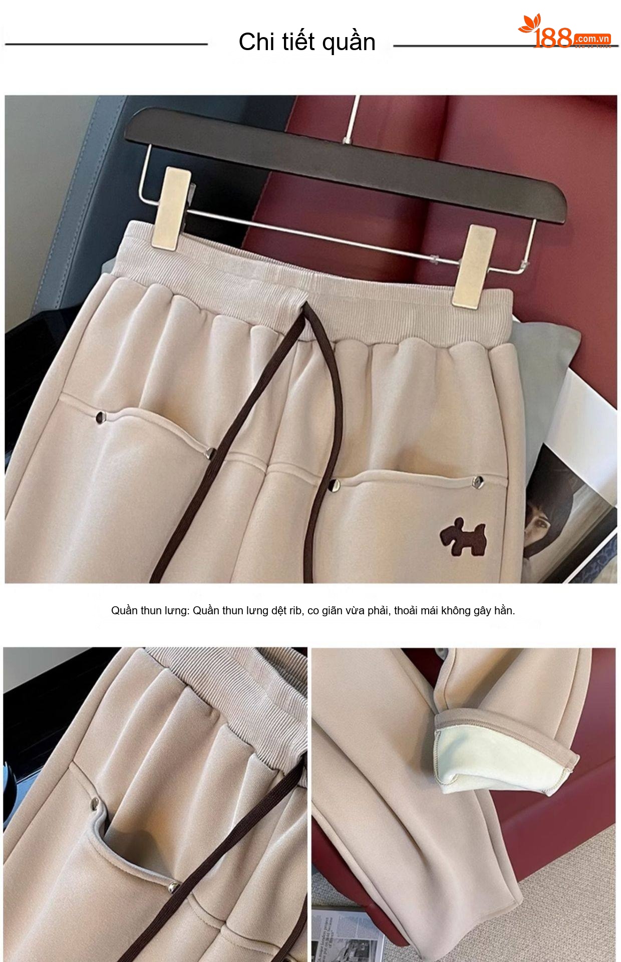 Bộ Đồ Thu Đông Nữ Áo Hoodie Quần Ống Rộng Phong Cách Hàn Quốc Màu Nâu, Be chi tiết 7