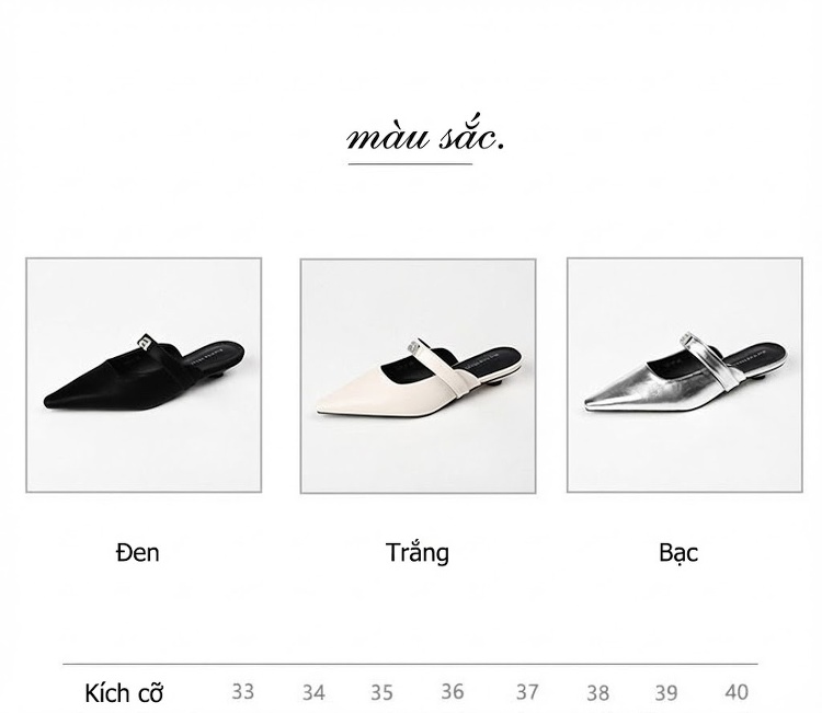 Giày Sục Nữ Mũi Nhọn Đính Đá Chiều Cao Đế Khoảng 2cm Màu Đen, Bạc, Trắng chi tiết 4