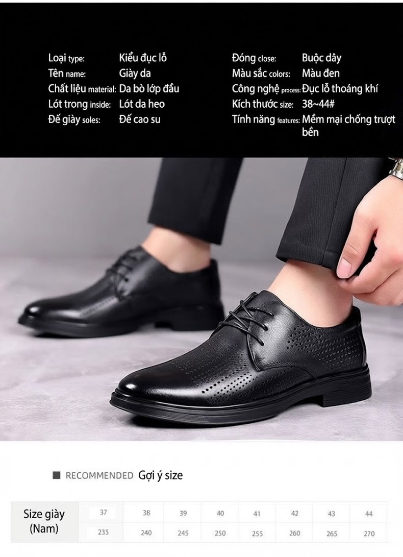Giày Tây Buộc Dây Nam Da Bò Lỗ Thoáng Khí Chiều Cao Đế Khoảng 3cm Màu Đen chi tiết 7