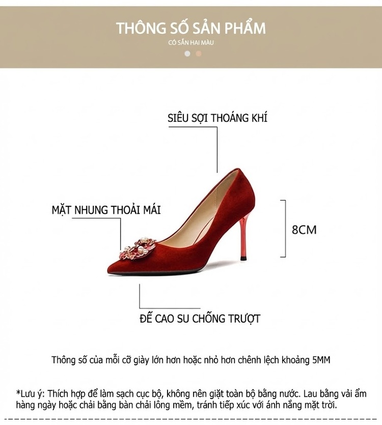 Giày Cao Gót Nữ Hở Lưng Nỉ Đính Đá Chiều Cao Đế Khoảng 8cm Màu Đỏ chi tiết 4