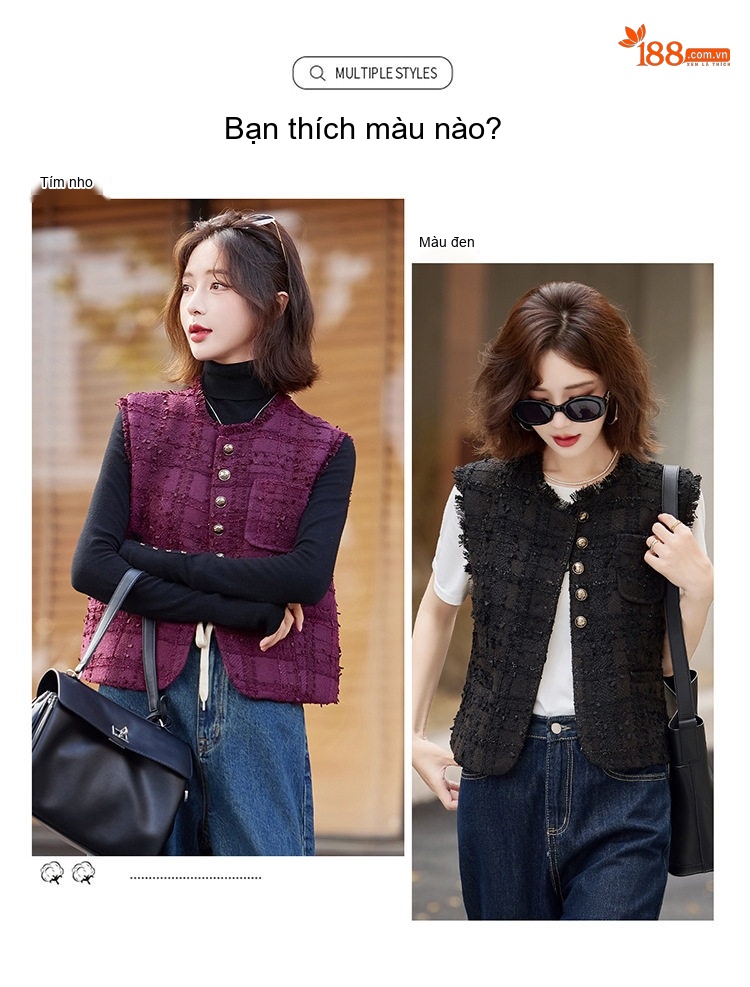 Áo Gile Nữ Tiểu Hương Thu Đông Không Tay Màu Đỏ Tía, Đen chi tiết 16