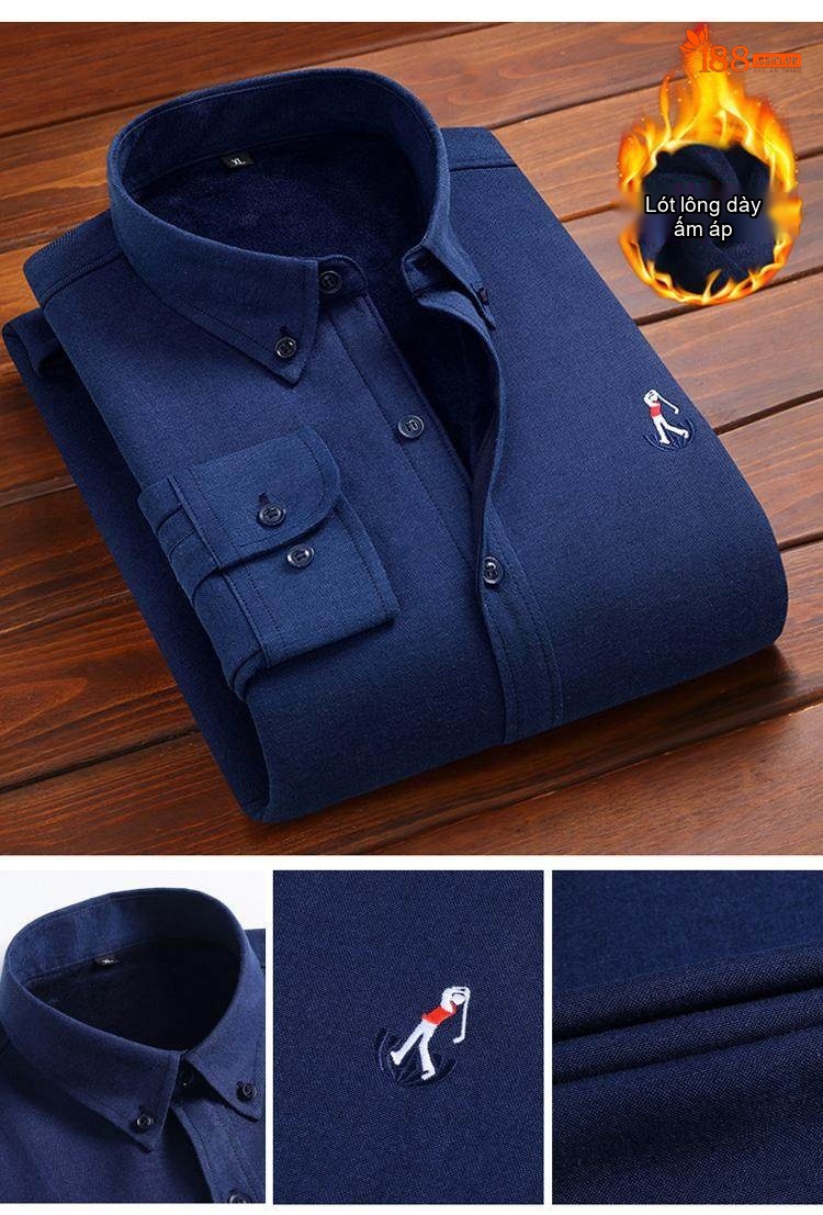 Áo Sơ Mi Nam Dài Tay Cotton Oxford Lót Lông Dày Dặn Thêu Hình Màu Xanh Dương, Xanh Navy, Tím, Đỏ... chi tiết 9