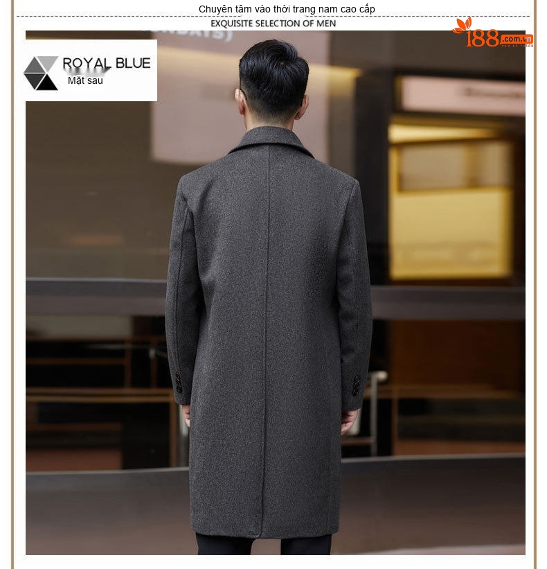 Áo Khoác Dạ Nam Lông Cừu Dài Dáng Suông Giữ Ấm Màu Xám, Đen chi tiết 8