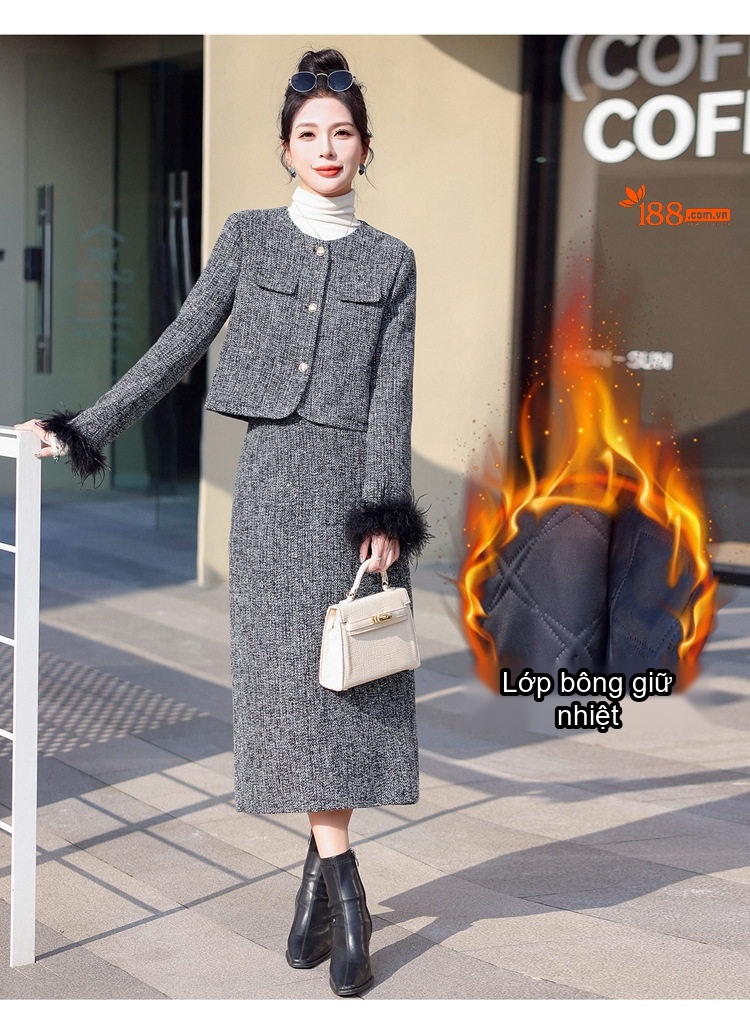 Set Áo Khoác Lửng Tay Lông và Chân Váy Tiểu Thư Dáng Ôm Chất Vải Tweed Màu Xám chi tiết 6