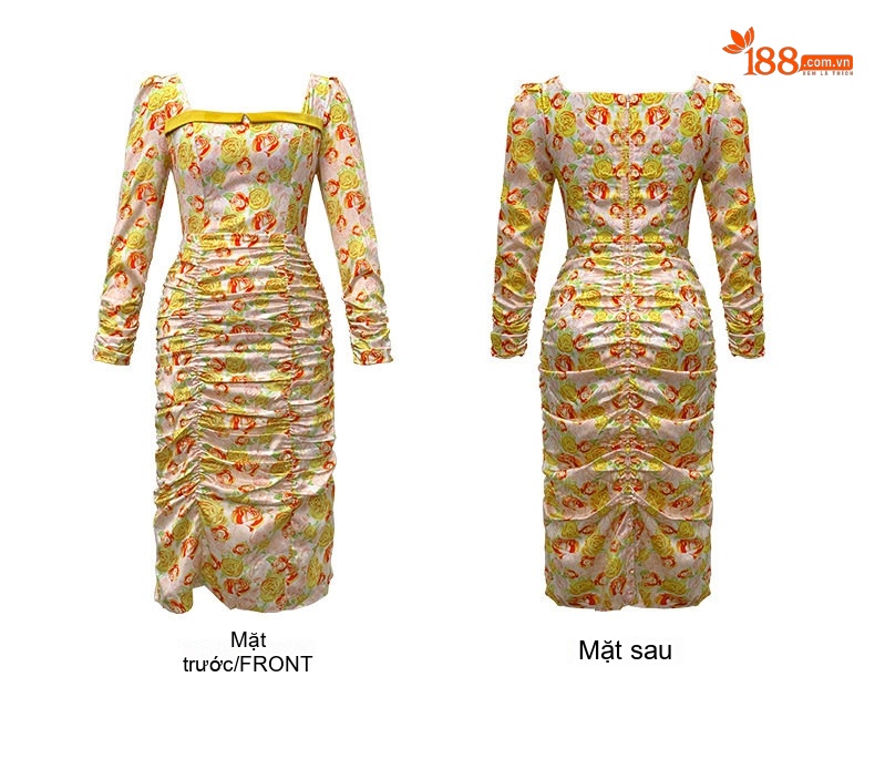 Váy Liền Thân Nữ In Hoa Hồng Dáng Ôm Che Bụng Tay Dài Phong Cách Tiểu Thư chi tiết 5