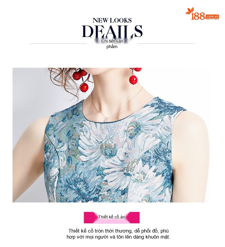 Váy liền thân Nữ Jacquard Phong Cách Cổ Điển Tay Lửng Không Tay Màu Xanh, Trắng chi tiết 9