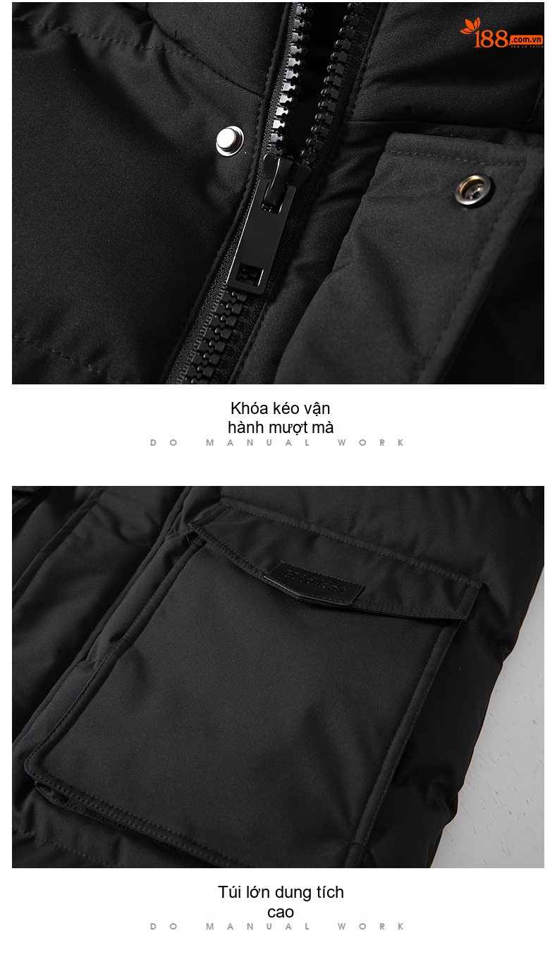 Áo Khoác Cotton Nam Dáng Dài Cỡ Lớn Mũ Trùm Đầu Có Thể Tháo Rời Lót Dày Màu Đen, Xanh Navy, Xanh Rêu chi tiết 20