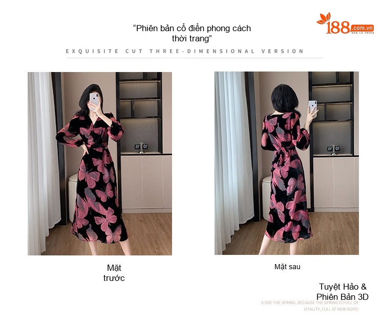 Váy liền thân Nữ Chất Nhung Tay Dài In Hoa Phong Cách Pháp Thu Đông Màu Đen chi tiết 5