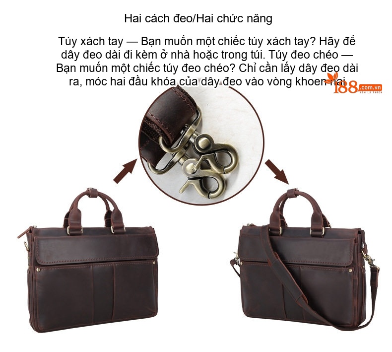 Cặp Công Sở Nam Da Bò Vân Retro Đựng Laptop Túi Xách Tay Đeo Chéo Màu Nâu Sẫm chi tiết 9