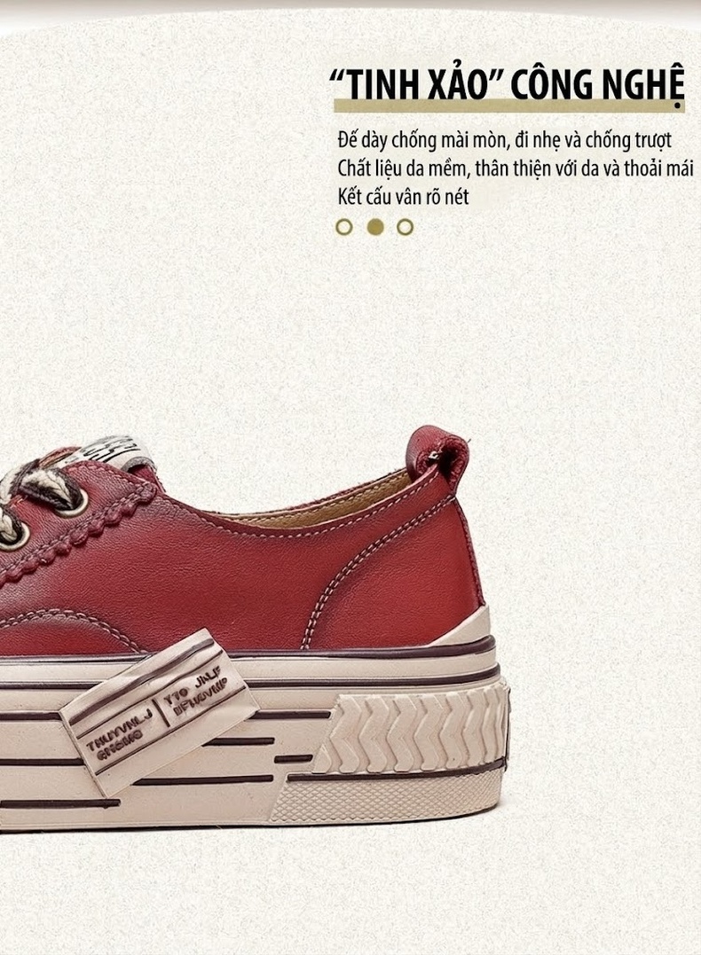 Giày Sneaker Nữ Cổ Thấp Da Bò Buộc Dây Chiều Cao Đế Khoảng 3cm Màu Đỏ, Xanh Lá, Kem... chi tiết 4