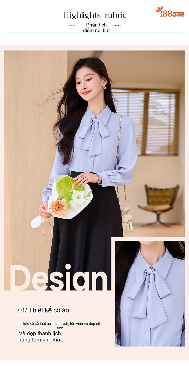 Áo Sơ Mi Nữ Tay Dài Cổ Nơ Voan Phong Cách Công Sở Màu Trắng, Xanh chi tiết 5