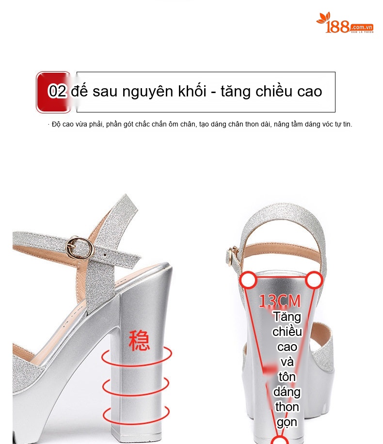 Giày Sandal Cao Gót Nữ Quai Ngang Hở Ngón Gót Cao 13cm Màu Bạc, Vàng, Đen chi tiết 5
