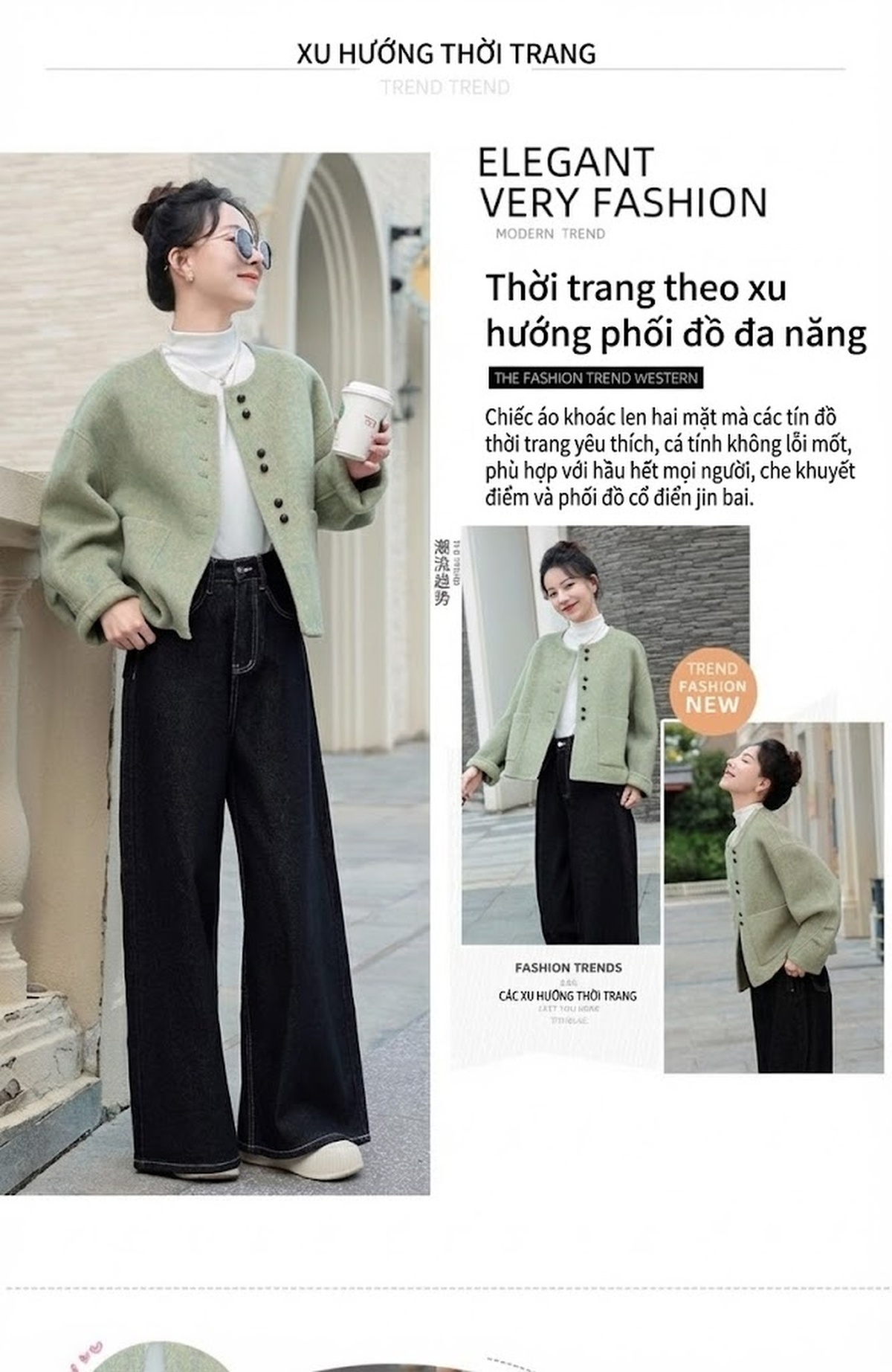 Áo Khoác Nữ Lông Cừu Hai Mặt Phong Cách Tiểu Thư Thanh Lịch Màu Xanh Lá chi tiết 3