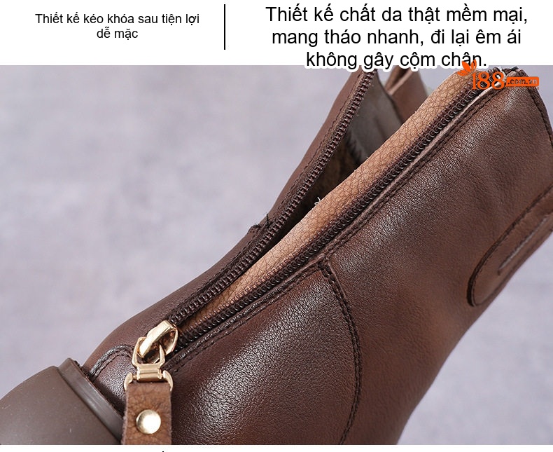 Boot Chelsea Nữ Da Bò Chiều Cao Đế Khoảng 3cm Màu Đen, Nâu chi tiết 8