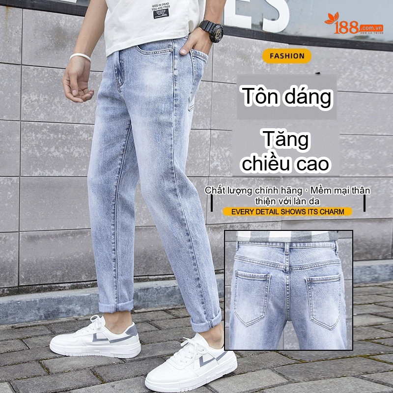 Quần Jean Nam Dáng Slim Fit Ống Lửng Phong Cách Casual Màu Xanh