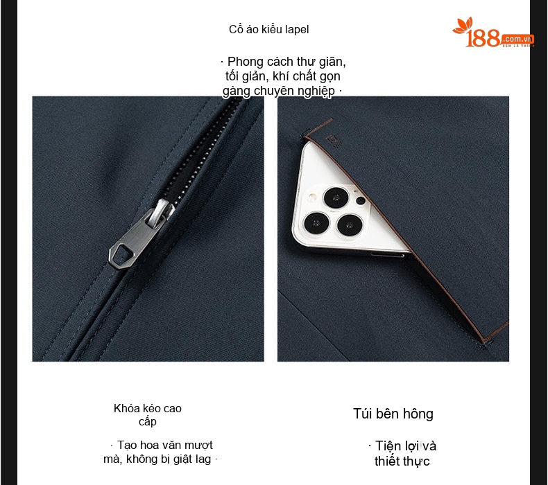 Áo Khoác Nam Cổ Bẻ Khóa Kéo Kiểu Dáng Công Sở Màu Xanh Navy, Nâu, Đen chi tiết 10