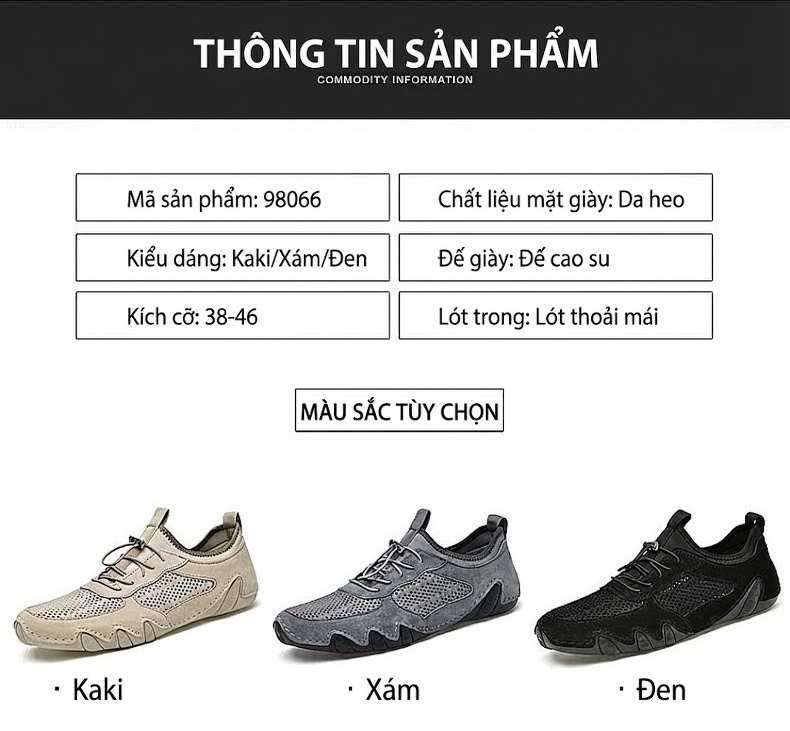 Giày Mọi Nam Vải Lưới Thoáng Khí Da Mờ Chiều Cao Đế Khoảng 3cm Màu Kem, Đen, Xám chi tiết 3