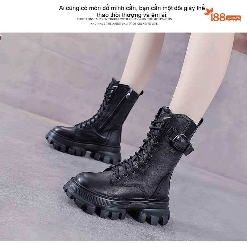 Boot Martin Nữ Da Bò Cổ Lửng Khóa Cài Phong Cách Anh Chiều Cao Đế Khoảng 5cm Màu Nâu, Đen chi tiết 15