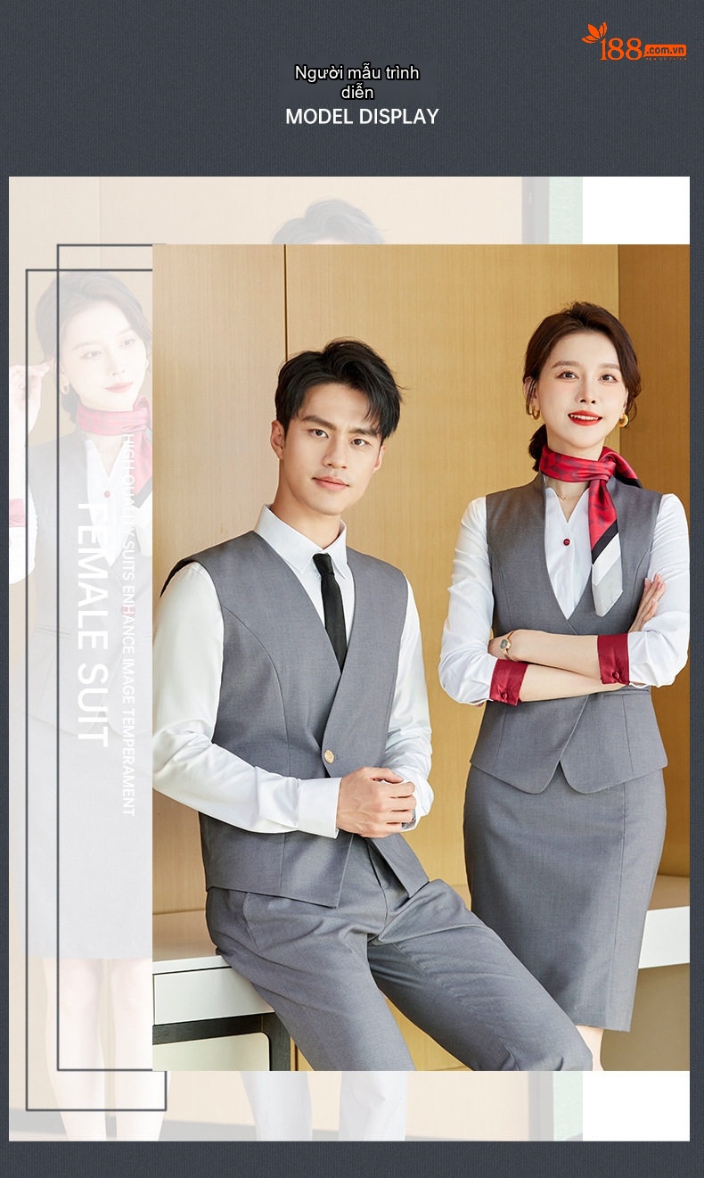 Bộ Vest Công Sở Nam Nữ Áo Ghile Quần Dài Công Nhân Lễ Tân Khách Sạn Màu Xám, Xanh Navy, Đỏ chi tiết 12