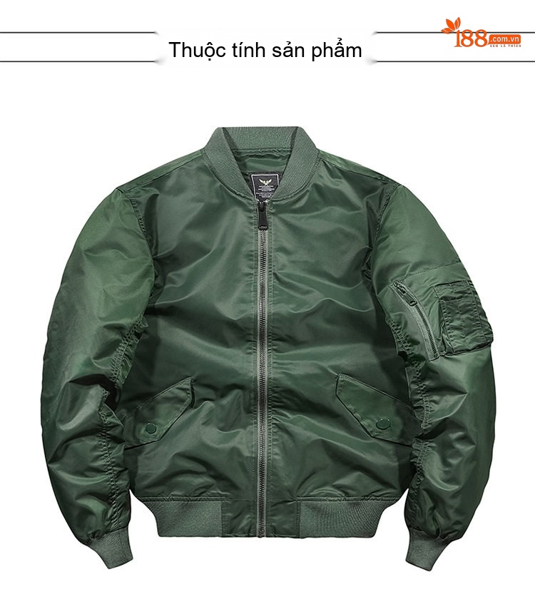 Áo Khoác Bomber Nam Phi Công Bề Mặt Vải Phong Cách Quân Đội Màu Đen, Xanh Lá chi tiết 5